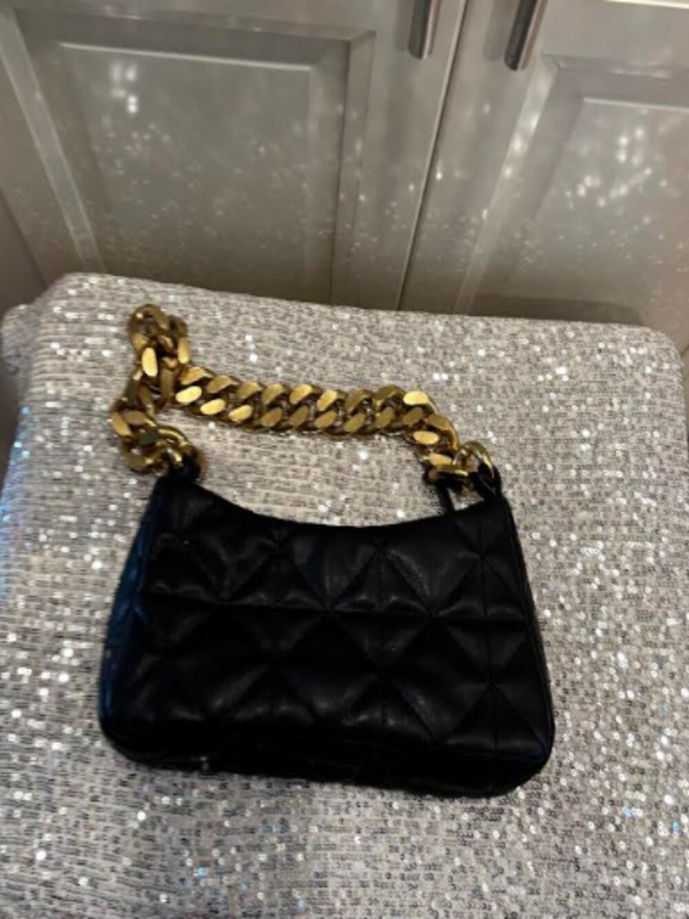 Mango Black Quilted Shoulder Bag with Gold Chain